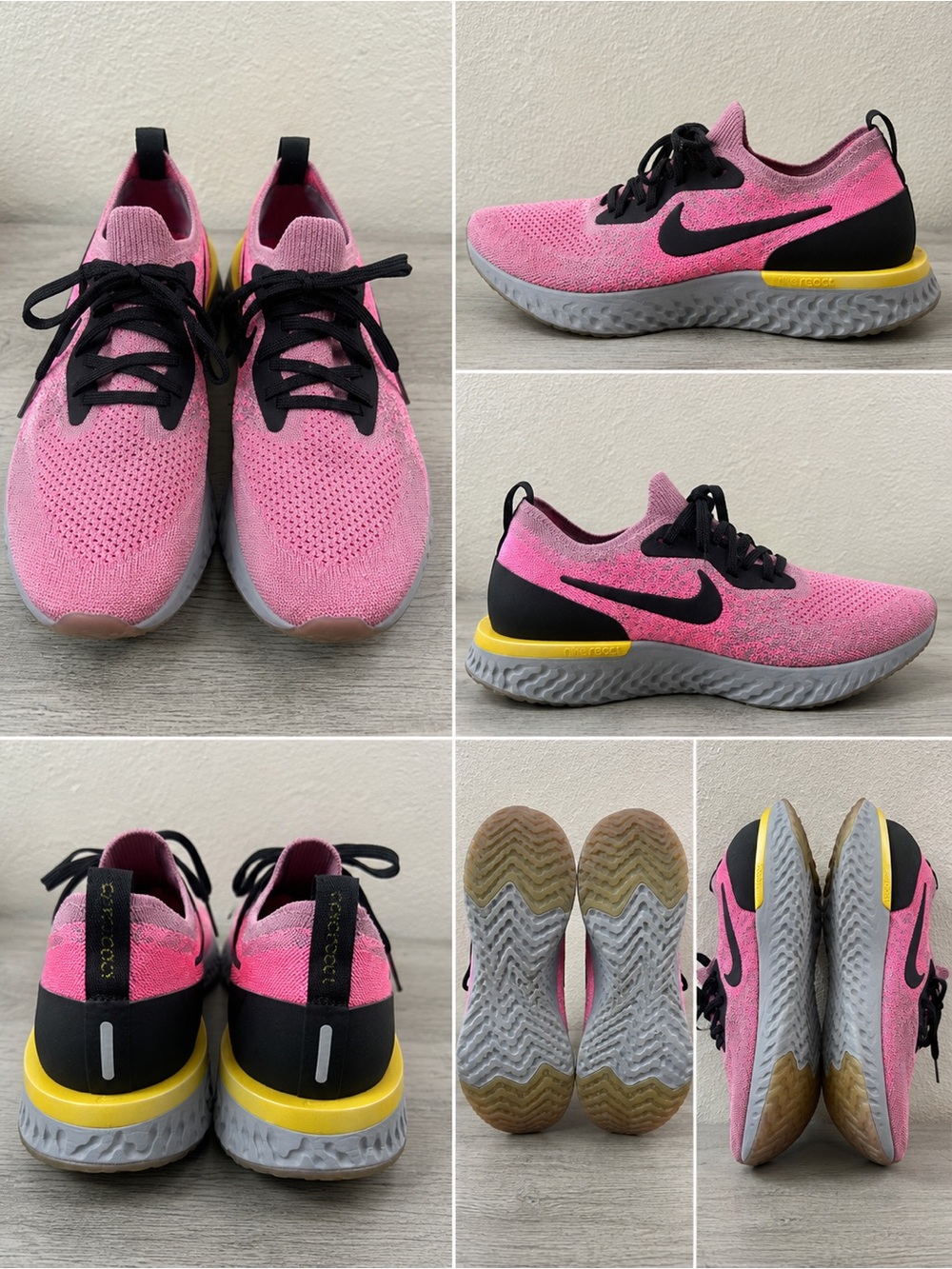 Nike women’s Epic React Flyknit 10.5Pink Black Running Sneakers with Yellow Heel